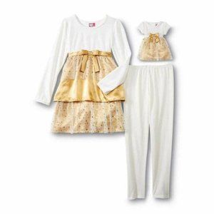 Girls Doll & Me Party Dress & Leggings 6/6X Gold White & 18" Doll Dress 3 Pc